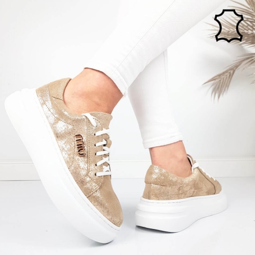 Златисти кецове от естествена кожа- Nora Gold 11784