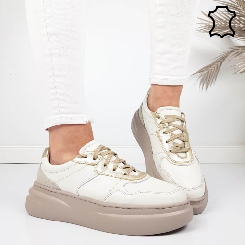 Кецове от естествена кожа в цвят мока и екрю- Nora 11785