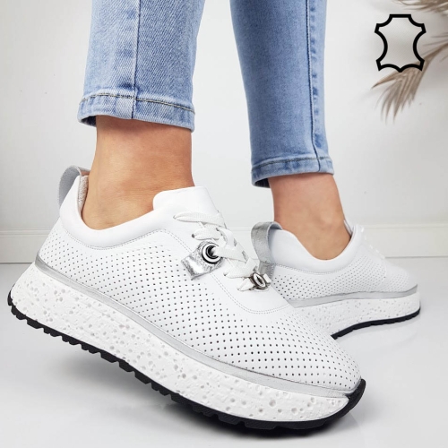 Бели сникърси от перфорирана естествена кожа- Sisi White 11808 