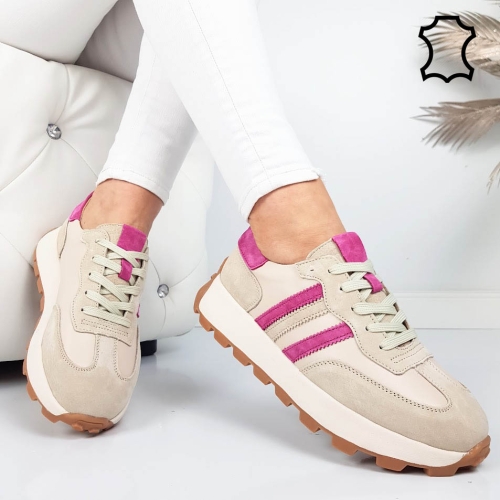 Бежови маратонки от естествена кожа и велур- Samanta Beige 11855