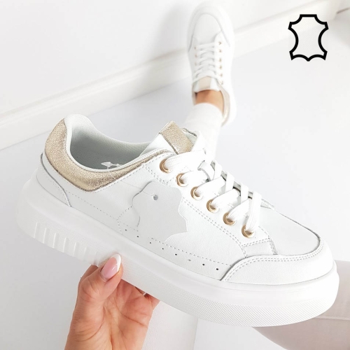 Бели равни кецове от естествена кожа- Sisi White 11858