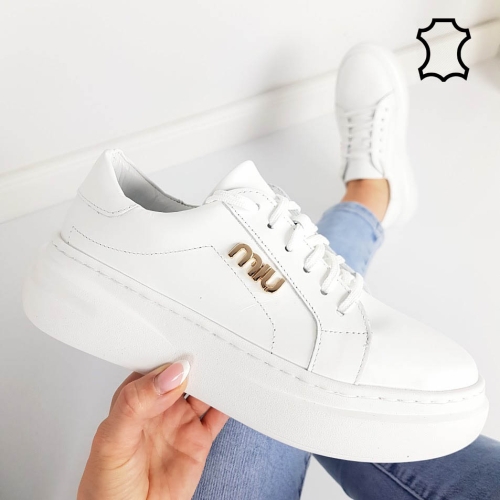 Бели кецове от естествена кожа- Nora White 11868