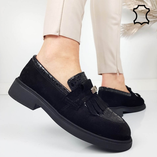 Черни мокасини от стествен велур- Tera Black 11869