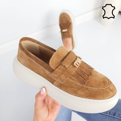 мокасини от естествен велур в кафяв цвят- Vera Brown 11923