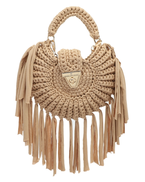 Дамска плетена чанта от ракита с ресни- Kiara Beige 12019