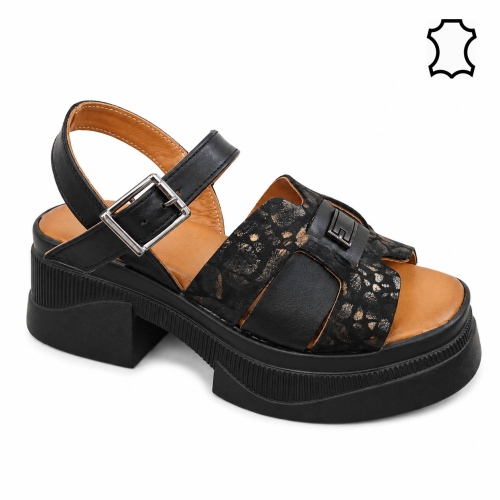 Сандали на платформа от ефектна естествена кожа- Klara Black 12142